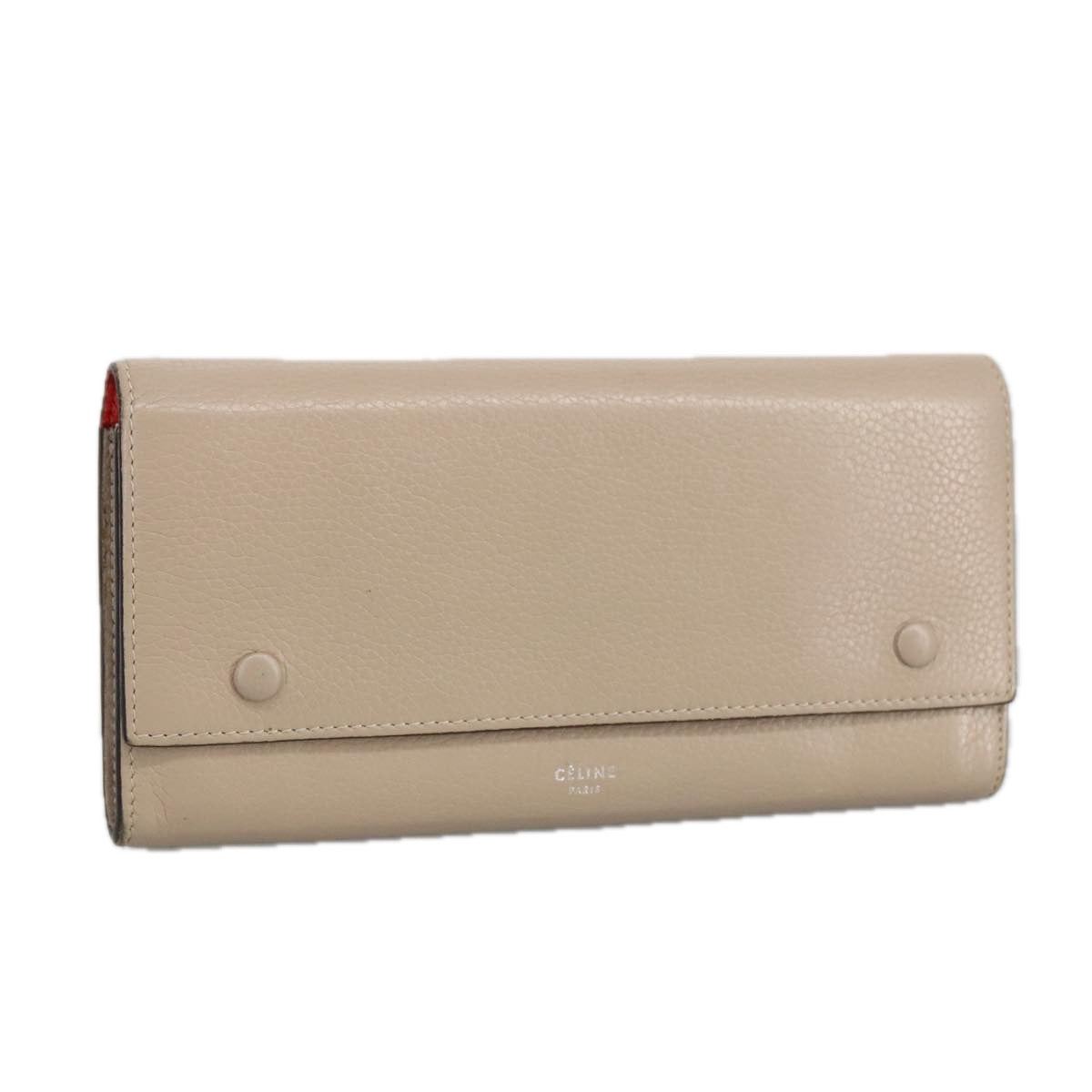 CELINE Large Flap Multi Cushion Long Wallet Leather Beige Auth hk1810