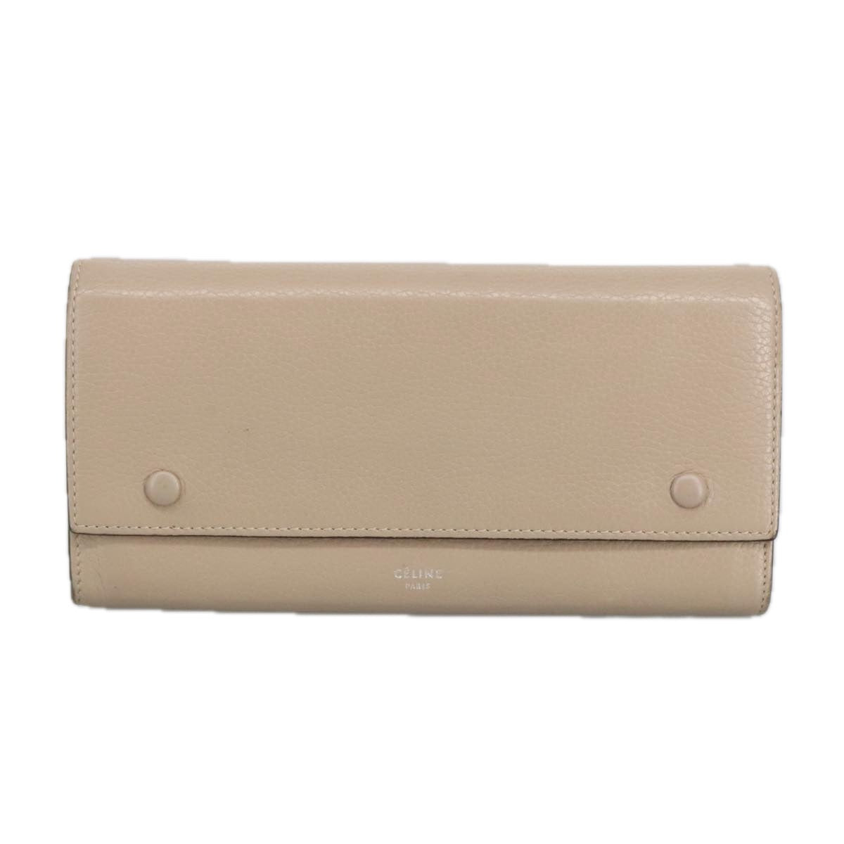 CELINE Large Flap Multi Cushion Long Wallet Leather Beige Auth hk1810