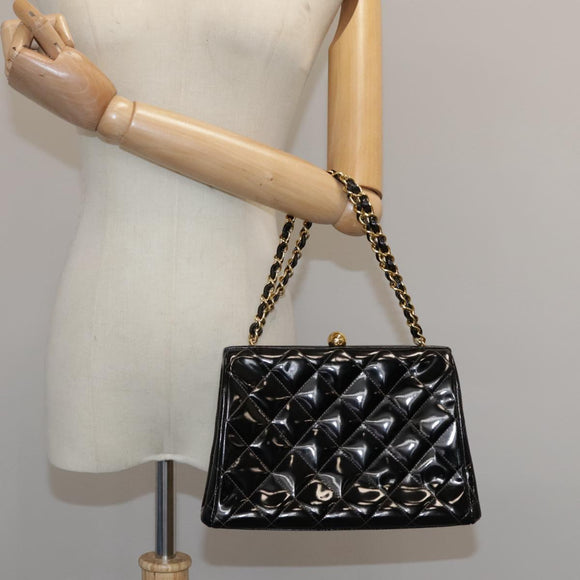 CHANEL Matelasse Chain Hand Bag Patent leather Black Gold CC Auth hk1896