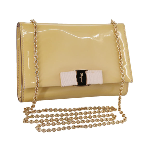 Salvatore Ferragamo Chain Shoulder Bag Enamel Yellow Auth hk1961