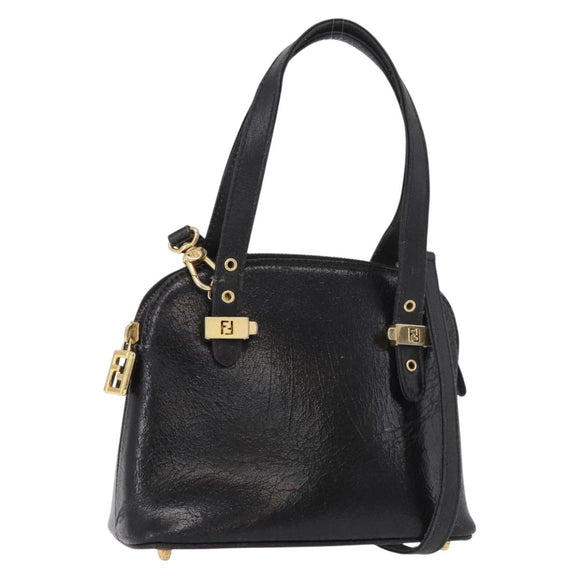 FENDI Hand Bag Leather 2way Black Gold Auth hk1976