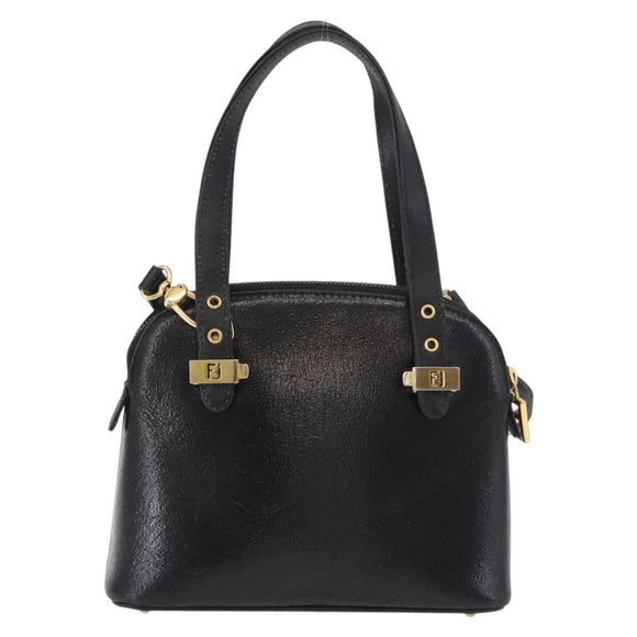 FENDI Hand Bag Leather 2way Black Gold Auth hk1976