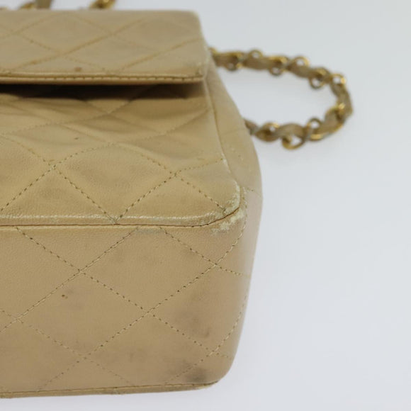 CHANEL Matelasse Chain Shoulder Bag Lamb Skin Beige Gold CC Auth hk1979