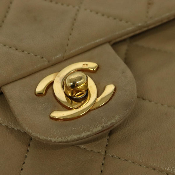CHANEL Matelasse Chain Shoulder Bag Lamb Skin Beige Gold CC Auth hk1979
