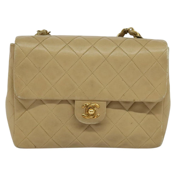 CHANEL Matelasse Chain Shoulder Bag Lamb Skin Beige Gold CC Auth hk1979