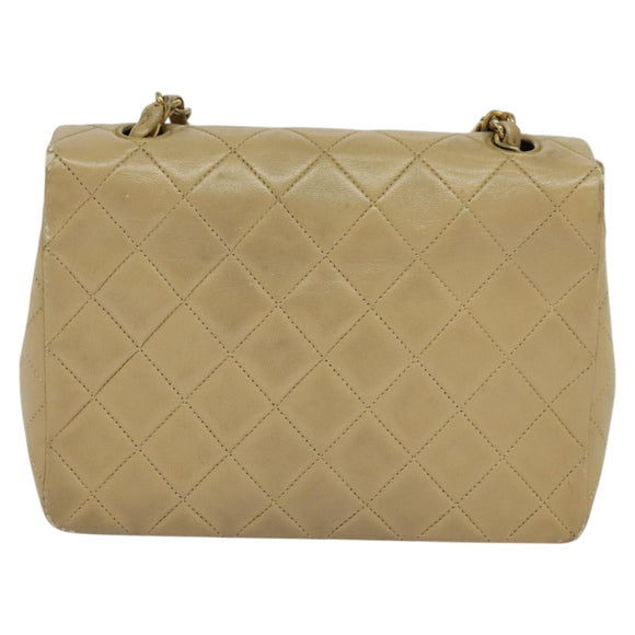 CHANEL Matelasse Chain Shoulder Bag Lamb Skin Beige Gold CC Auth hk1979