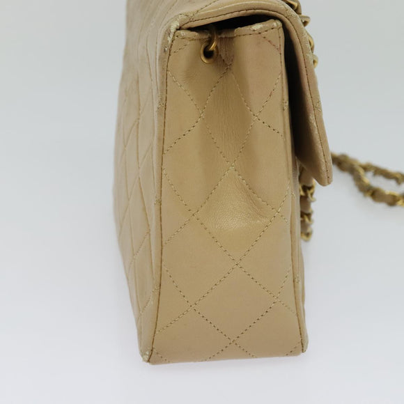 CHANEL Matelasse Chain Shoulder Bag Lamb Skin Beige Gold CC Auth hk1979