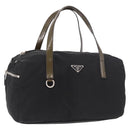 PRADA Hand Bag Nylon Enamel Black Khaki Silver Auth hk2037-1