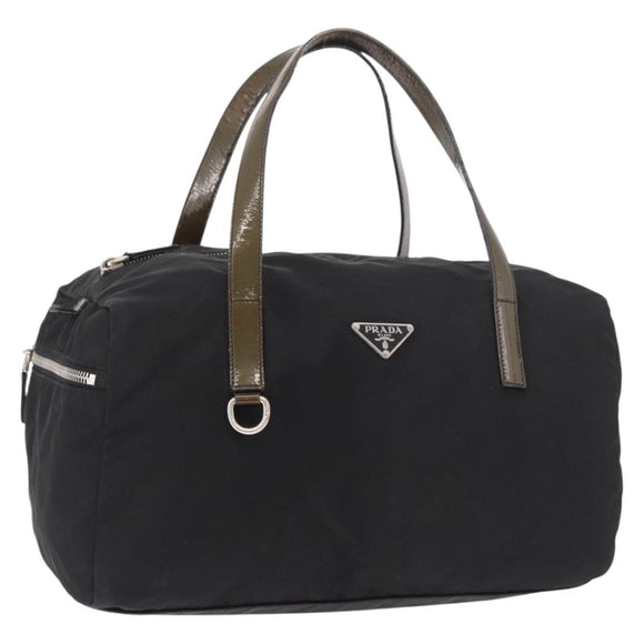 PRADA Hand Bag Nylon Enamel Black Khaki Silver Auth hk2037
