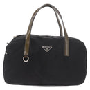 PRADA Hand Bag Nylon Enamel Black Khaki Silver Auth hk2037-13