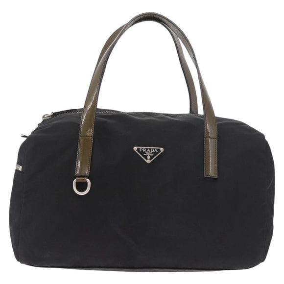 PRADA Hand Bag Nylon Enamel Black Khaki Silver Auth hk2037