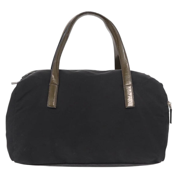 PRADA Hand Bag Nylon Enamel Black Khaki Silver Auth hk2037