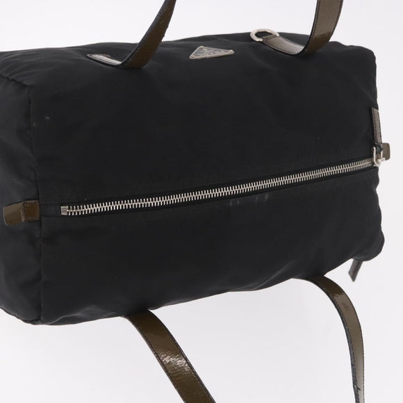 PRADA Hand Bag Nylon Enamel Black Khaki Silver Auth hk2037