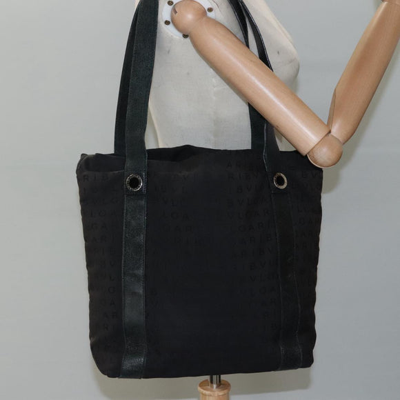 BVLGARI Tote Bag Canvas Leather Black Silver Auth hk2061