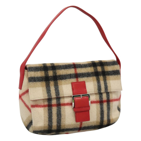 Burberrys Nova Check Blue Label Shoulder Bag Wool Beige Red Silver Auth hk2090