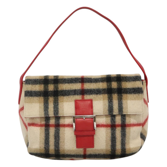 Burberrys Nova Check Blue Label Shoulder Bag Wool Beige Red Silver Auth hk2090
