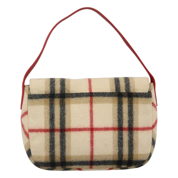 Burberrys Nova Check Blue Label Shoulder Bag Wool Beige Red Silver Auth hk2090
