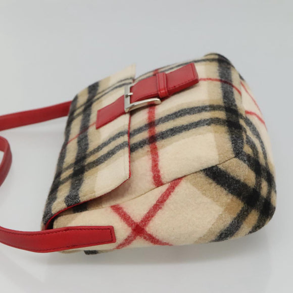 Burberrys Nova Check Blue Label Shoulder Bag Wool Beige Red Silver Auth hk2090