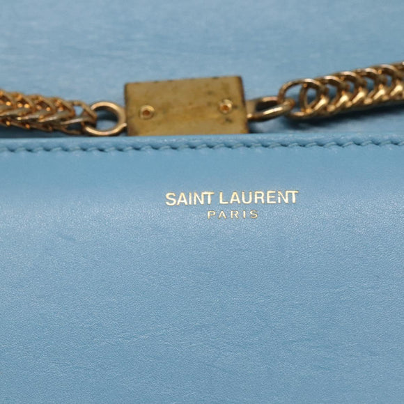SAINT LAURENT Chain Shoulder Bag Leather Blue Gold Auth hk2168