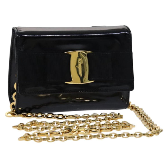 Salvatore Ferragamo Vala Chain Shoulder Bag Enamel Black Gold Auth hk2388