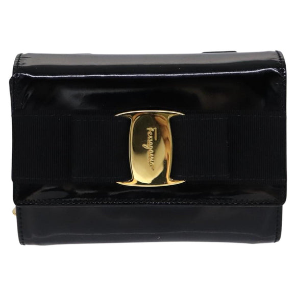 Salvatore Ferragamo Vala Chain Shoulder Bag Enamel Black Gold Auth hk2388