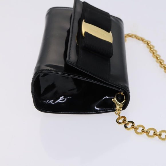Salvatore Ferragamo Vala Chain Shoulder Bag Enamel Black Gold Auth hk2388