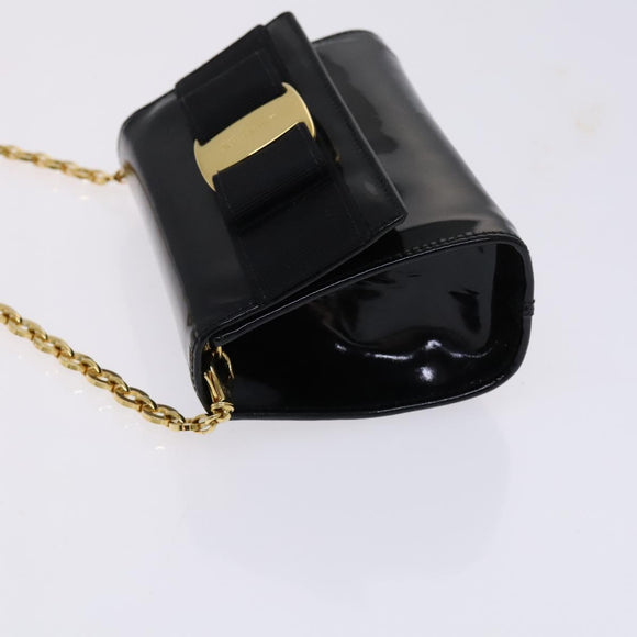 Salvatore Ferragamo Vala Chain Shoulder Bag Enamel Black Gold Auth hk2388
