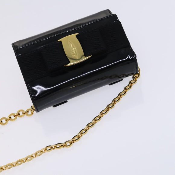 Salvatore Ferragamo Vala Chain Shoulder Bag Enamel Black Gold Auth hk2388