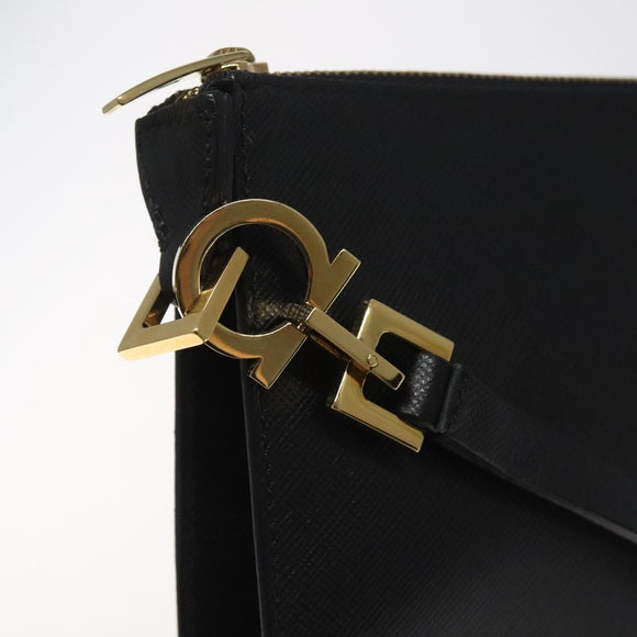 Salvatore Ferragamo Accessory Pouch Leather Black Gold Auth hk2391