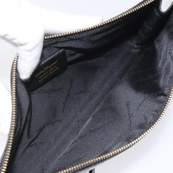Salvatore Ferragamo Accessory Pouch Leather Black Gold Auth hk2391
