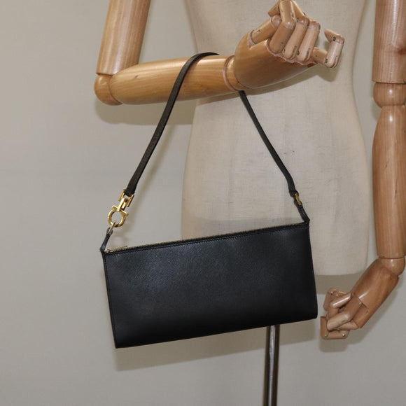Salvatore Ferragamo Accessory Pouch Leather Black Gold Auth hk2391