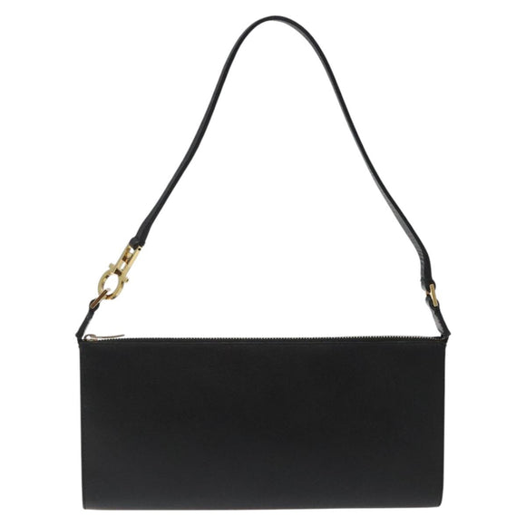 Salvatore Ferragamo Accessory Pouch Leather Black Gold Auth hk2391