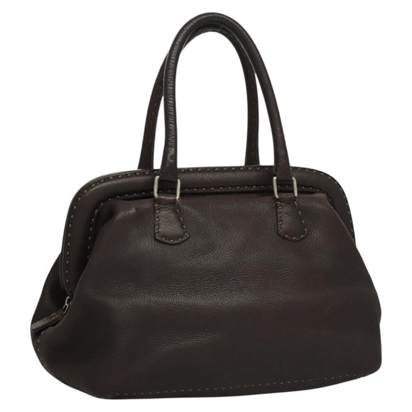 FENDI Celeria Hand Bag Leather Brown Silver Auth hk2399