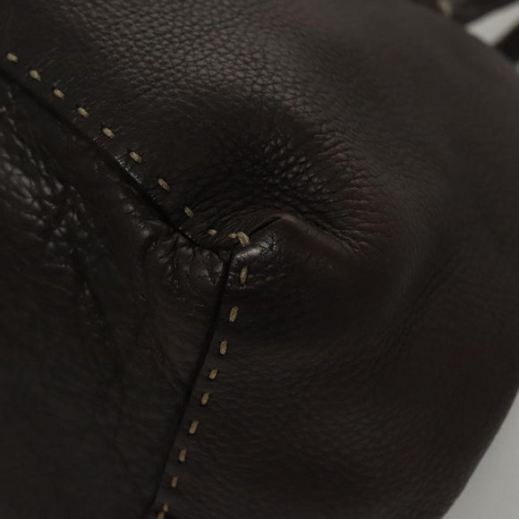 FENDI Celeria Hand Bag Leather Brown Silver Auth hk2399