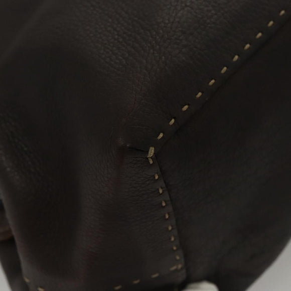 FENDI Celeria Hand Bag Leather Brown Silver Auth hk2399