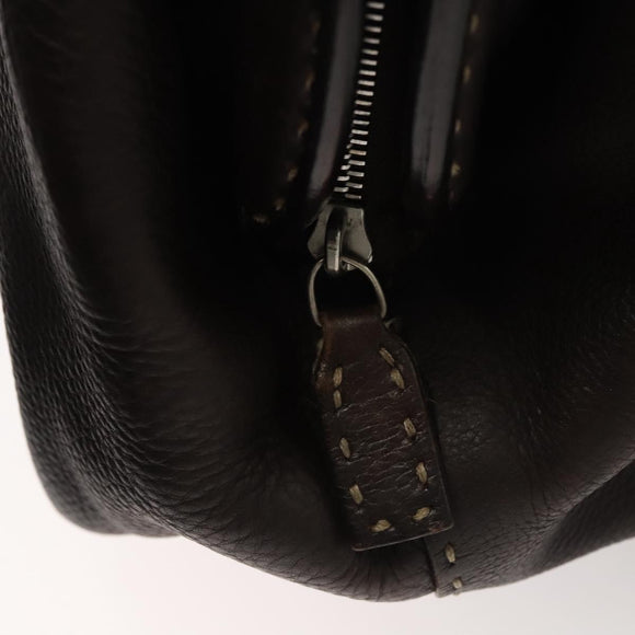 FENDI Celeria Hand Bag Leather Brown Silver Auth hk2399