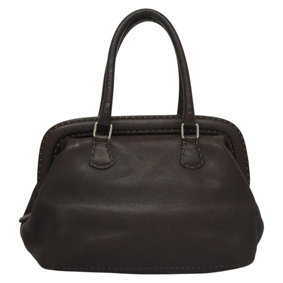 FENDI Celeria Hand Bag Leather Brown Silver Auth hk2399