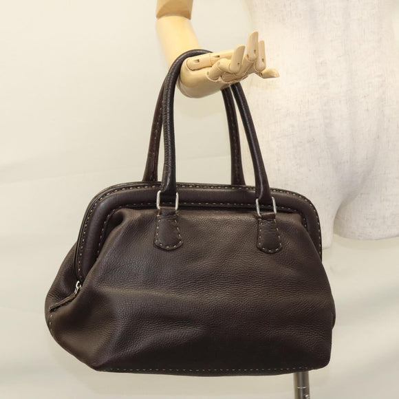 FENDI Celeria Hand Bag Leather Brown Silver Auth hk2399