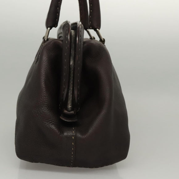 FENDI Celeria Hand Bag Leather Brown Silver Auth hk2399