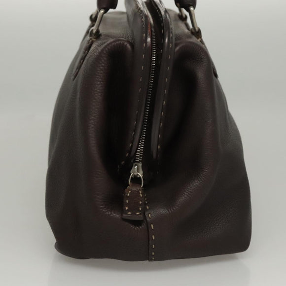 FENDI Celeria Hand Bag Leather Brown Silver Auth hk2399