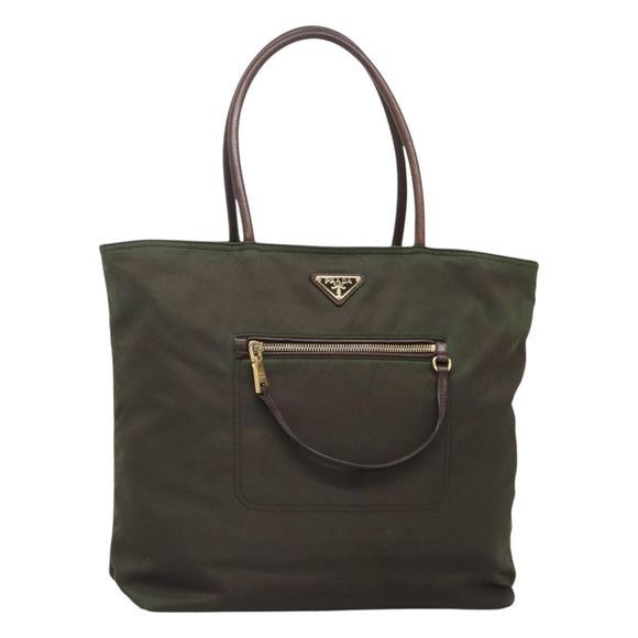 PRADA Tote Bag Nylon Khaki Gold Auth hk2406
