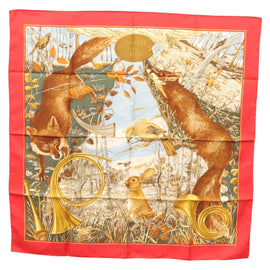 HERMES Carre 90 Scarf ""CHASSE AU BOIS "" Silk Red Auth hk2455