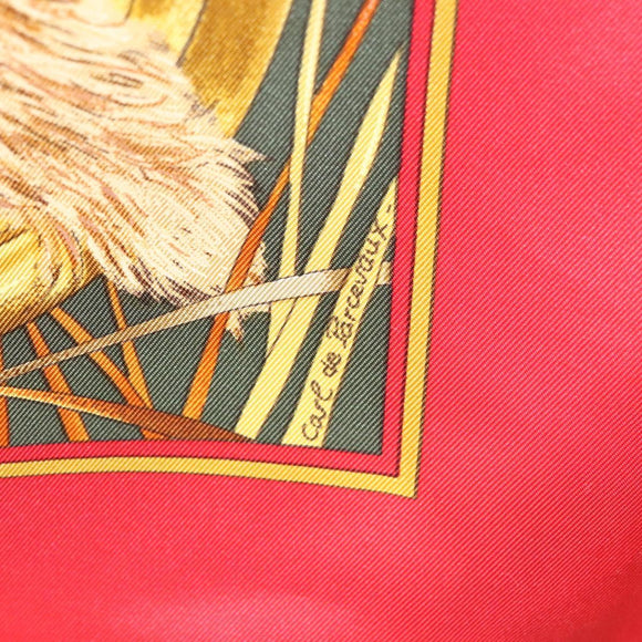 HERMES Carre 90 Scarf ""CHASSE AU BOIS "" Silk Red Auth hk2455