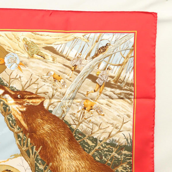 HERMES Carre 90 Scarf ""CHASSE AU BOIS "" Silk Red Auth hk2455