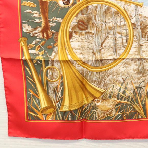 HERMES Carre 90 Scarf ""CHASSE AU BOIS "" Silk Red Auth hk2455