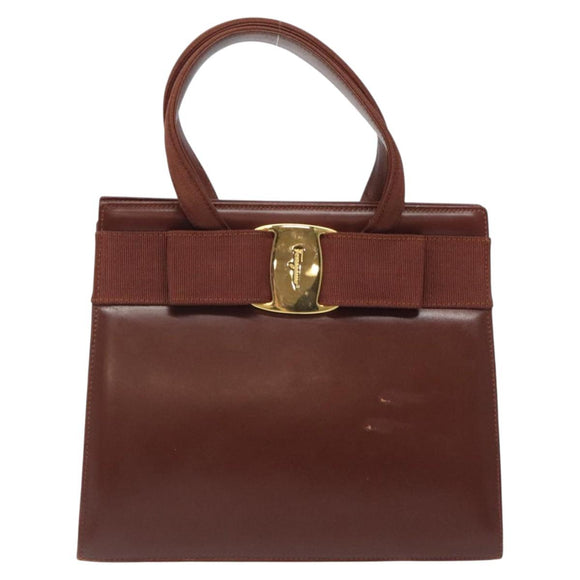 Salvatore Ferragamo Hand Bag Leather 2way Brown Gold Auth hk2487