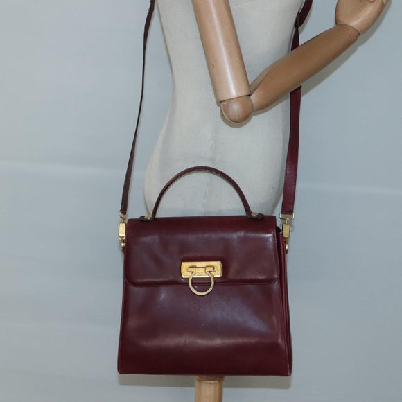 Salvatore Ferragamo Hand Bag Leather 2way Bordeaux Gold Auth hk2490