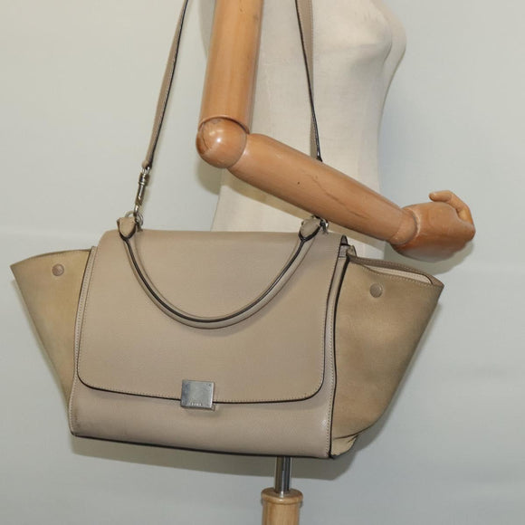 CELINE Trapeze Hand Bag Leather 2way Beige Silver Auth hk2502