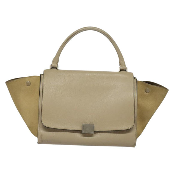CELINE Trapeze Hand Bag Leather 2way Beige Silver Auth hk2502