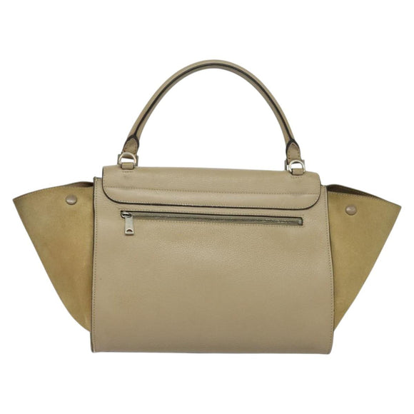 CELINE Trapeze Hand Bag Leather 2way Beige Silver Auth hk2502